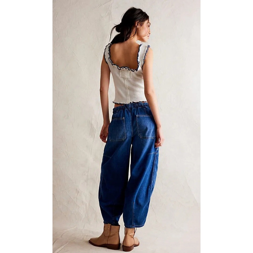 We The Free Free People Silverton Puddle Barrel Jeans Medium Wash Blue Baggy M - Picture 3 of 8